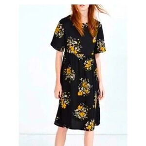ZARA Floral Lace Up Back Midi Dress ShortSleeves Medium Black Yellow